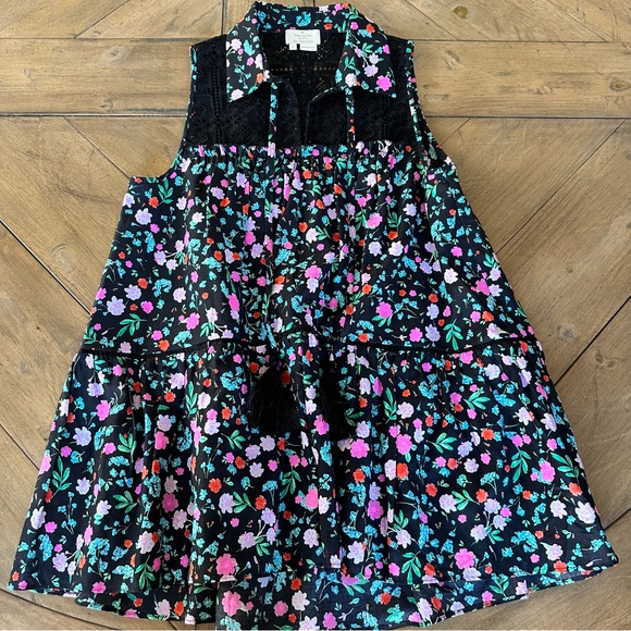 Kate Spade Black Floral Lace Yoke Sleeveless Top Sz Small Boho Feminine Tassels - Picture 1 of 9